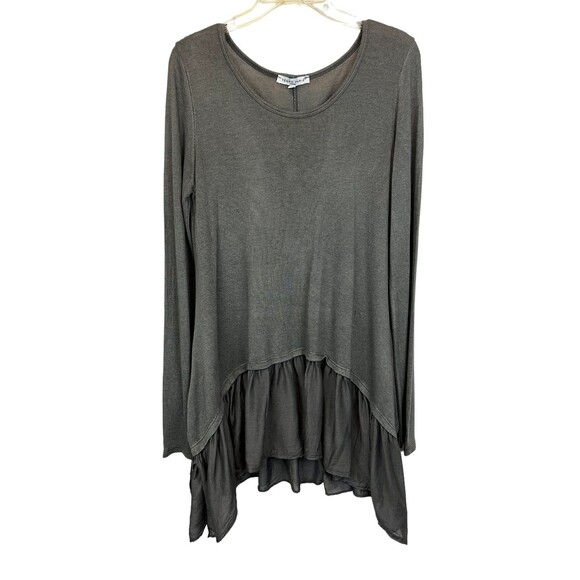 Tempo Paris Tunic Top  Women's S  Boho Lagnelook Charcoal Knit w Woven Ruffle - Picture 1 of 8